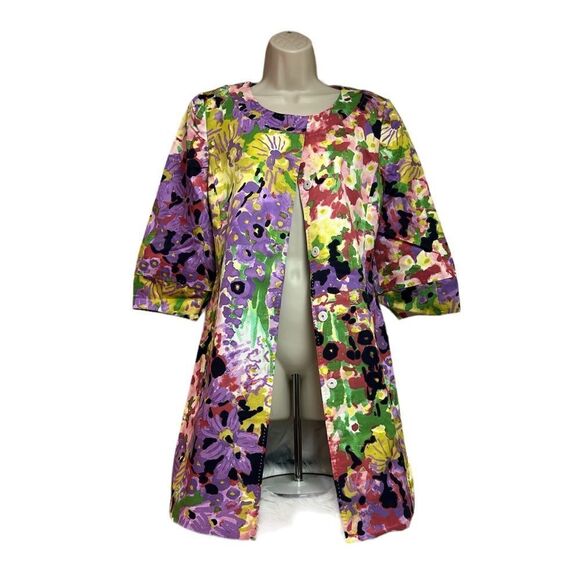 Elie Tahari floral jacket coat multicolor yellow purple snap front duster M C14 - Picture 2 of 13